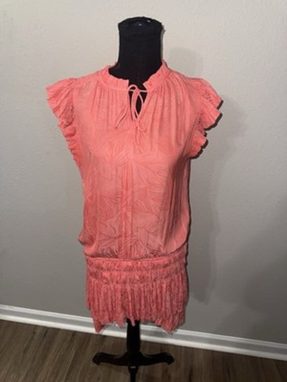 Current Air Small Coral Palm Leaf Smocked Waist Top Ruffle Tie Keyhole Blouse